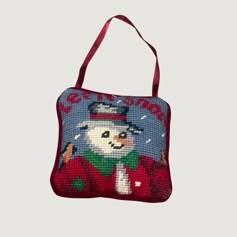 1995 Woolen Needlepoint Snowman Let It Snow Hanging Ornament Door Pillow
